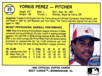 1990 Best Jacksonville Expos #22 Yorkis Perez  Back