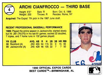 1990 Best Jacksonville Expos #4 Archi Cianfrocco  Back