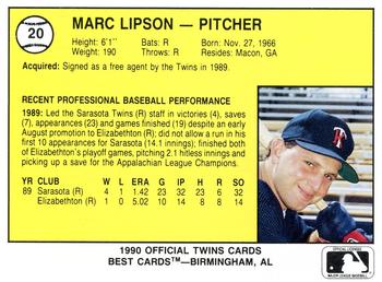 1990 Best Kenosha Twins #20 Marc Lipson  Back