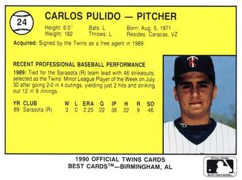 1990 Best Kenosha Twins #24 Carlos Pulido  Back