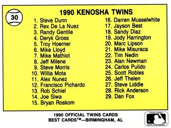 1990 Best Kenosha Twins #30 Checklist  Back
