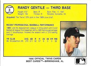1990 Best Kenosha Twins #3 Randy Gentile  Back