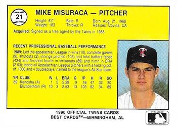 1990 Best Kenosha Twins #21 Mike Misuraca  Back