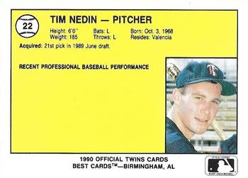1990 Best Kenosha Twins #22 Tim Nedin  Back