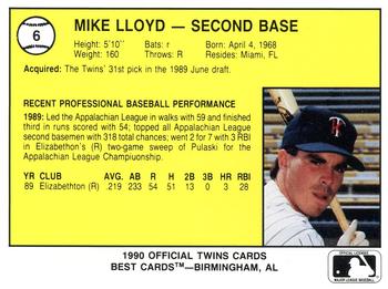 1990 Best Kenosha Twins #6 Mike Lloyd  Back