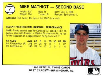 1990 Best Kenosha Twins #7 Mike Mathiot  Back