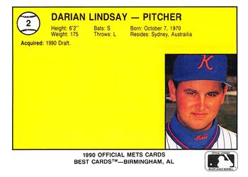 1990 Best Kingsport Mets #2 Darian Lindsay  Back