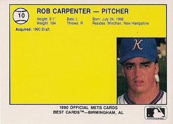 1990 Best Kingsport Mets #10 Rob Carpentier  Back
