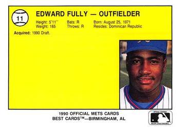 1990 Best Kingsport Mets #11 Edward Fully  Back