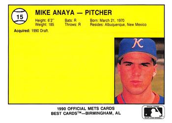 1990 Best Kingsport Mets #15 Mike Anaya  Back