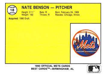1990 Best Kingsport Mets #18 Nate Benson  Back