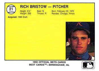 1990 Best Kingsport Mets #21 Rich Bristow  Back