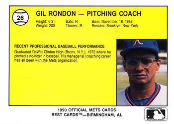 1990 Best Kingsport Mets #26 Gil Rondon Back