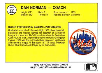 1990 Best Kingsport Mets #27 Dan Norman Back