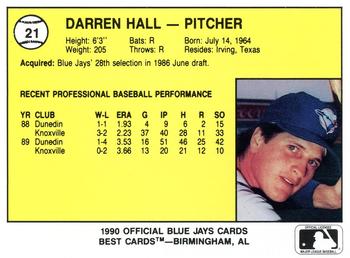 1990 Best Knoxville Blue Jays #21 Darren Hall  Back