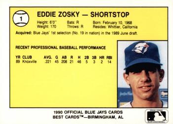 1990 Best Knoxville Blue Jays #1 Eddie Zosky  Back