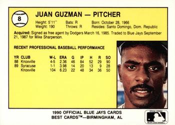 1990 Best Knoxville Blue Jays #8 Juan Guzman  Back