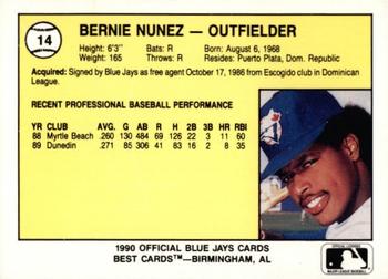 1990 Best Knoxville Blue Jays #14 Bernie Nunez  Back