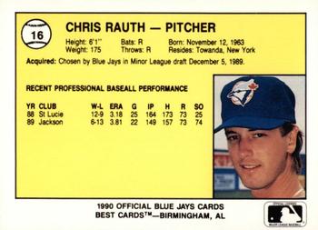 1990 Best Knoxville Blue Jays #16 Chris Rauth  Back