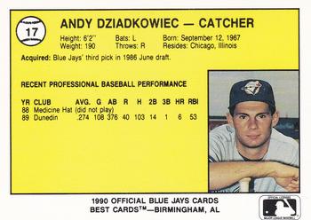 1990 Best Knoxville Blue Jays #17 Andy Dziadkowiec  Back