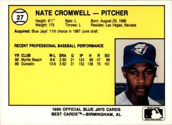 1990 Best Knoxville Blue Jays #27 Nate Cromwell  Back