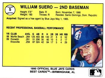 1990 Best Knoxville Blue Jays #5 William Suero  Back