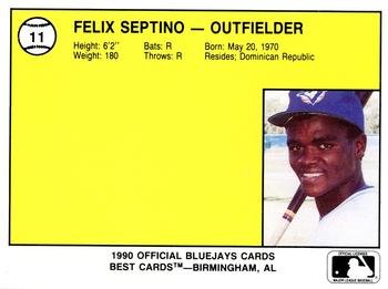 1990 Best Medicine Hat Blue Jays #11 Felix Septimo Back