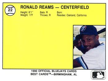 1990 Best Medicine Hat Blue Jays #22 Ronald Reams  Back