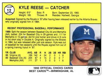 1990 Best Memphis Chicks #12 Kyle Reese  Back