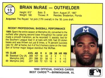 1990 Best Memphis Chicks #13 Brian McRae  Back