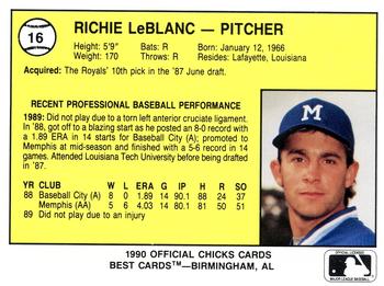 1990 Best Memphis Chicks #16 Richie LeBlanc  Back