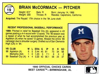 1990 Best Memphis Chicks #19 Brian McCormack  Back