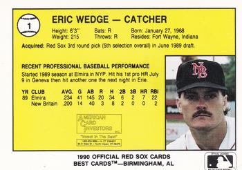 1990 Best New Britain Red Sox #1 Eric Wedge  Back