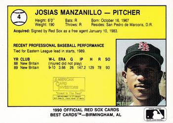 1990 Best New Britain Red Sox #4 Josias Manzanillo  Back