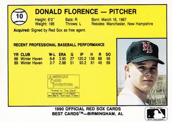 1990 Best New Britain Red Sox #10 Donald Florence  Back