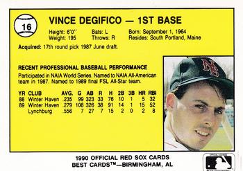 1990 Best New Britain Red Sox #16 Vince Degifico  Back