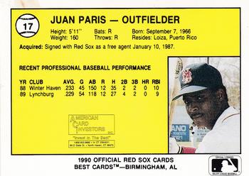 1990 Best New Britain Red Sox #17 Juan Paris  Back