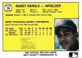 1990 Best New Britain Red Sox #19 Randy Randle  Back