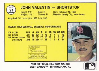 1990 Best New Britain Red Sox #21 John Valentin  Back