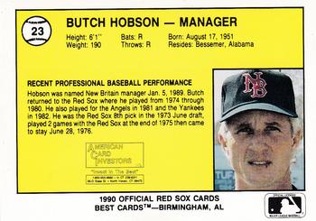 1990 Best New Britain Red Sox #23 Butch Hobson Back