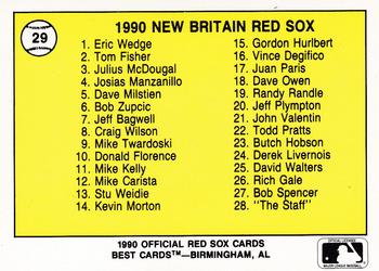 1990 Best New Britain Red Sox #29 Checklist  Back