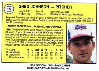 1990 Best Orlando Sun Rays #15 Greg Johnson  Back