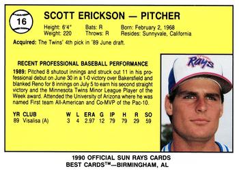 1990 Best Orlando Sun Rays #16 Scott Erickson  Back