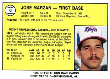 1990 Best Orlando Sun Rays #6 Jose Marzan  Back