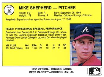 1990 Best Pulaski Braves #10 Mike Shepherd  Back