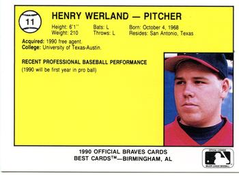 1990 Best Pulaski Braves #11 Henry Werland  Back