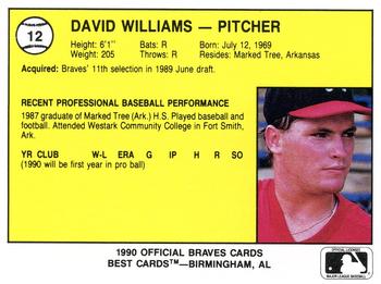 1990 Best Pulaski Braves #12 David Williams  Back