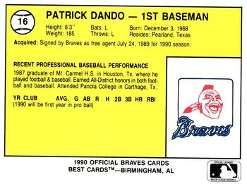 1990 Best Pulaski Braves #16 Patrick Dando  Back