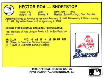 1990 Best Pulaski Braves #17 Hector Roa  Back