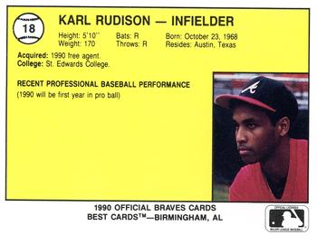 1990 Best Pulaski Braves #18 Karl Rudison  Back